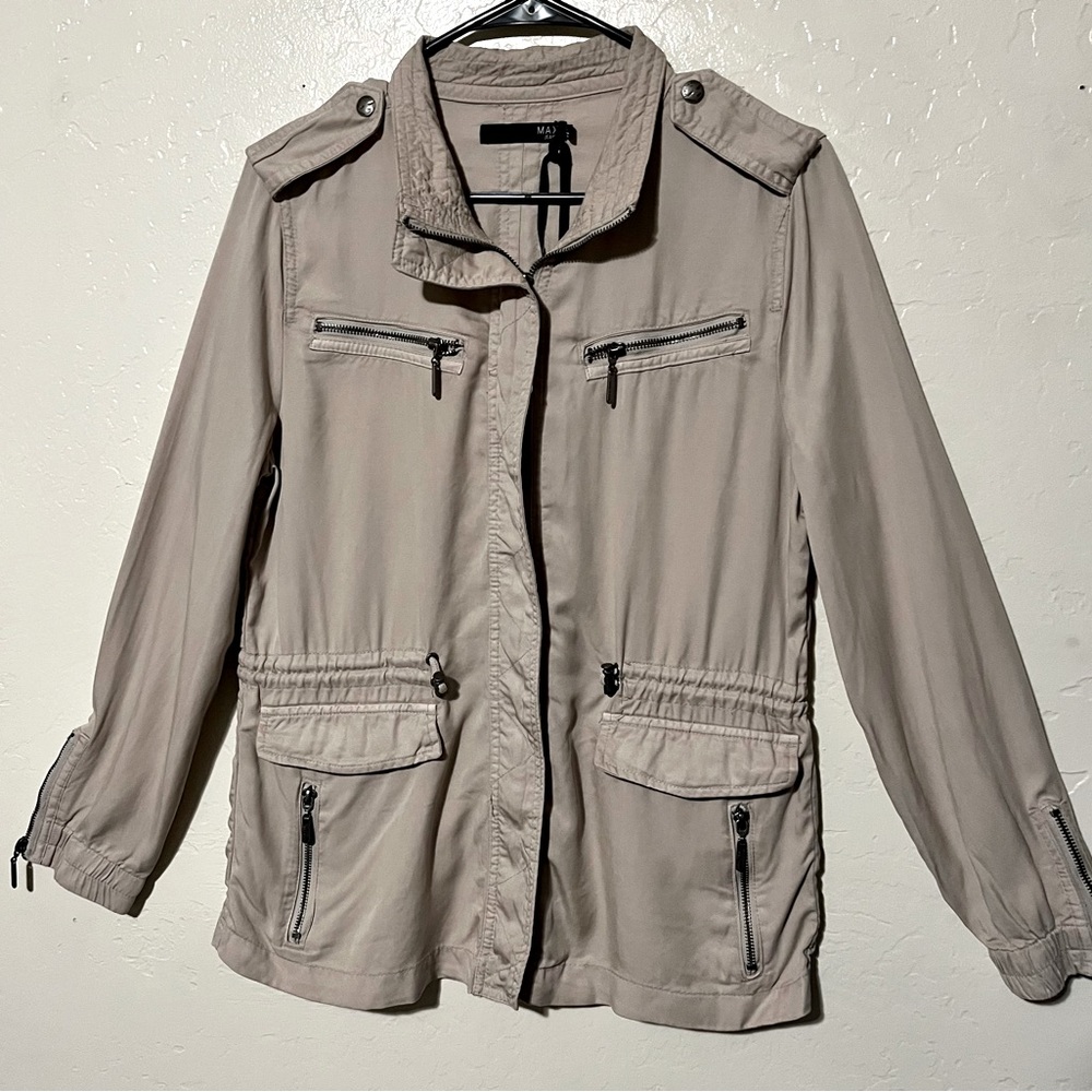 Women’s NWT Size Small Max Jeans Utility Jacket Taupe Zip Pockets High Neck
